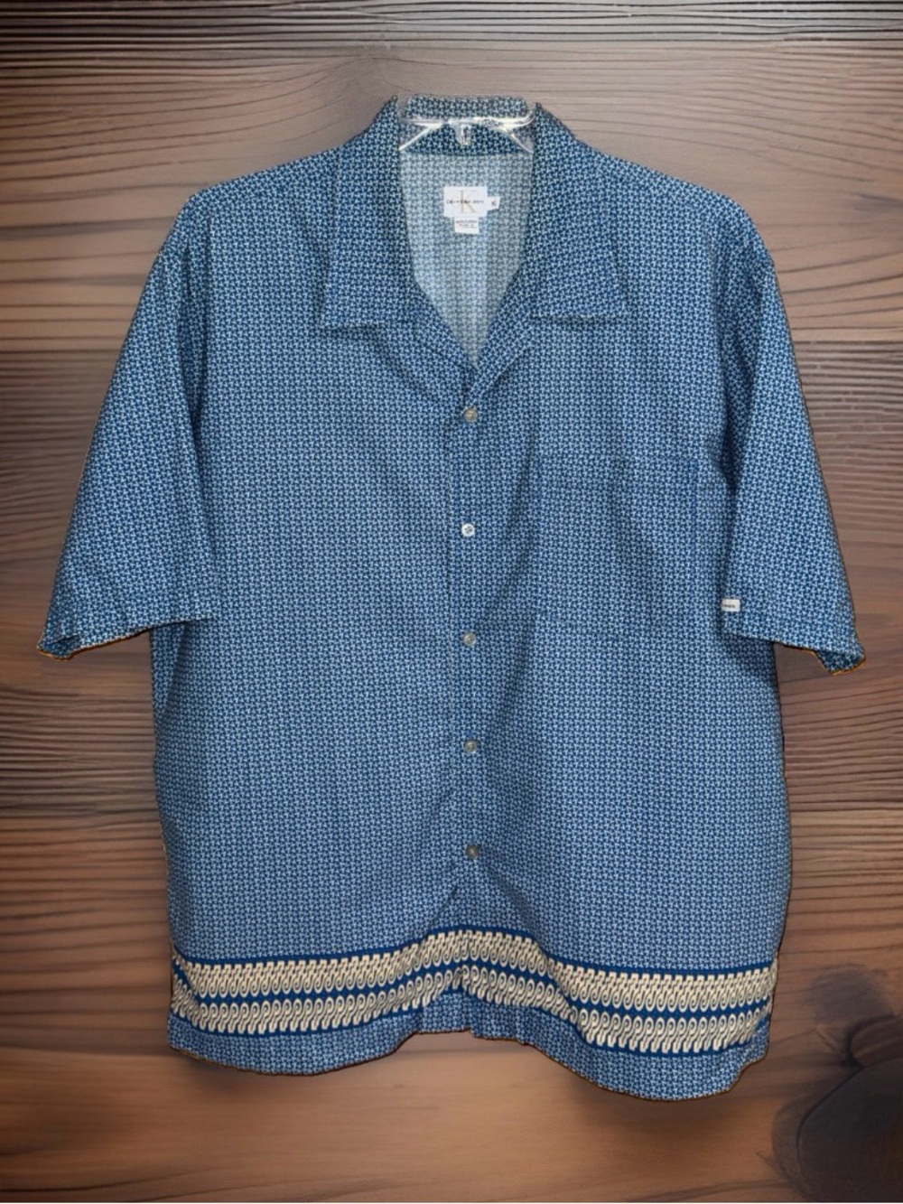 Calvin Klein Jeans Blue Patterned Camp Collar Button-Down Shirt-XL-EC